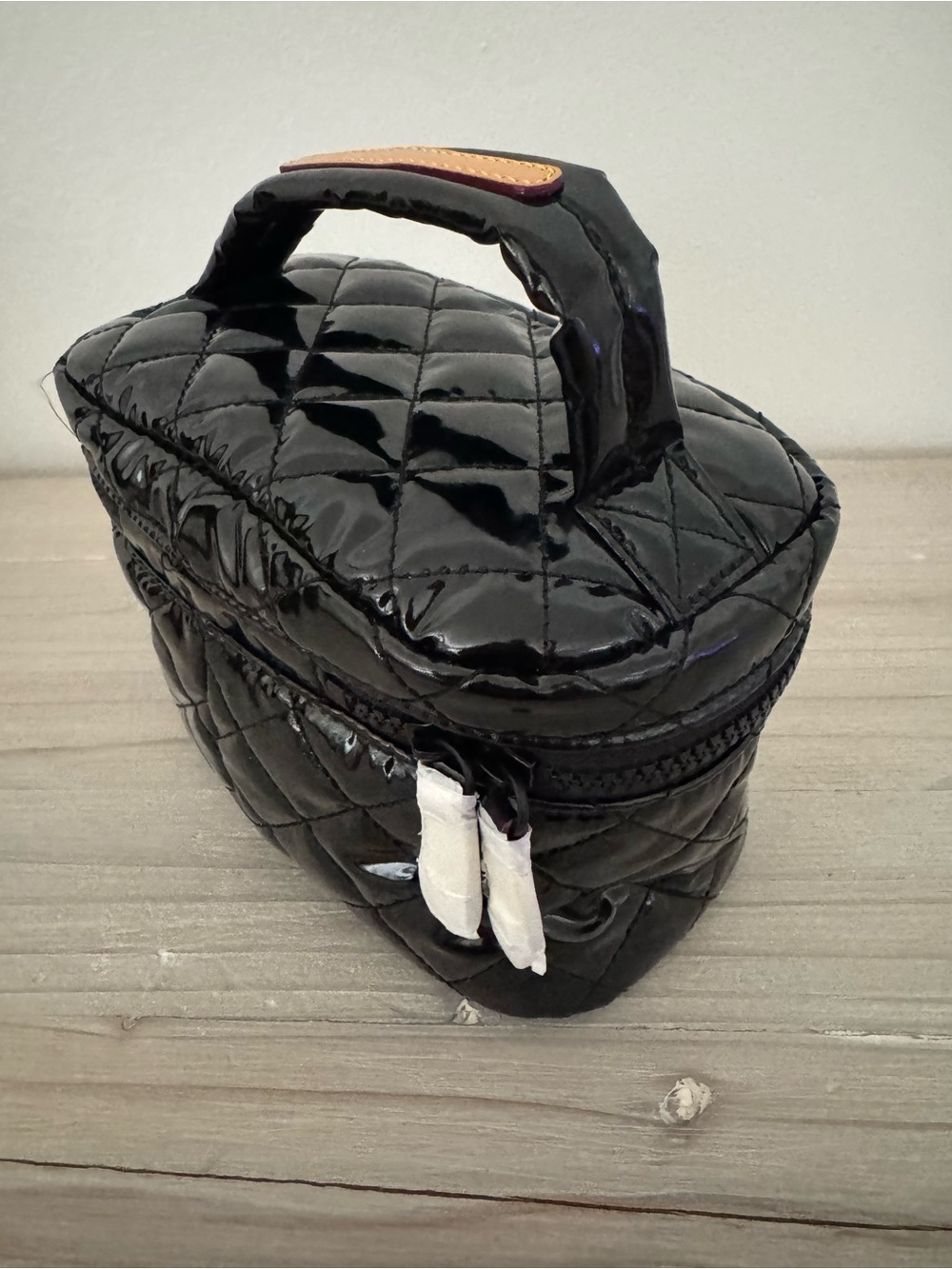 MZ Wallace Black Patent Mini Quilted Vanity Case with Tan Handle Accent NWT - Picture 2 of 5